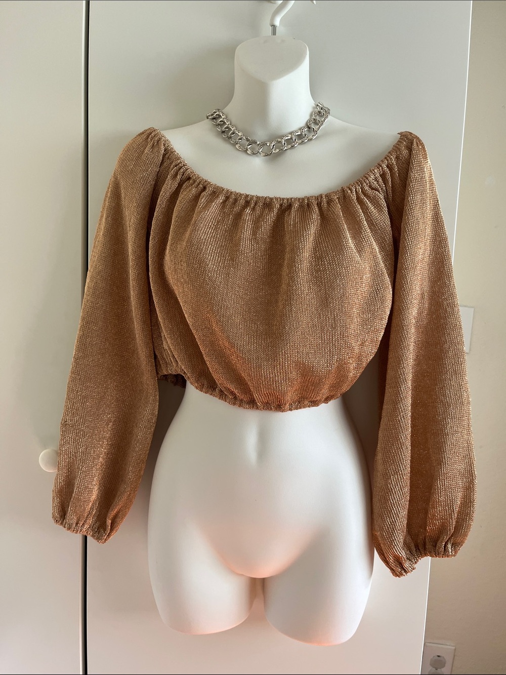 Lovers + Friends Metallic Bronze Off-Shoulder Crop Top